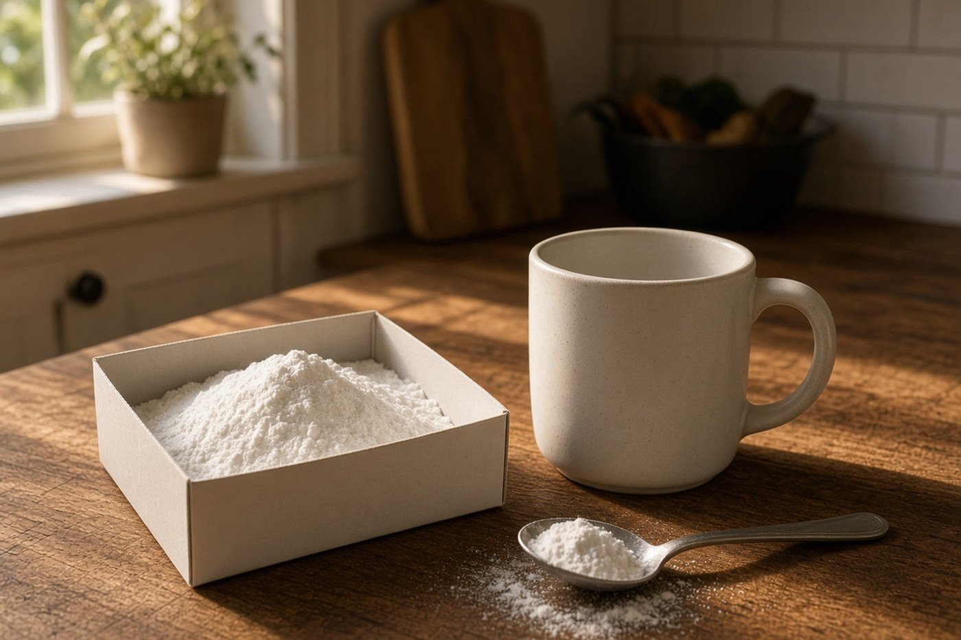 Open box of baking soda, a mug, and a teaspoon on a wooden kitchen counter