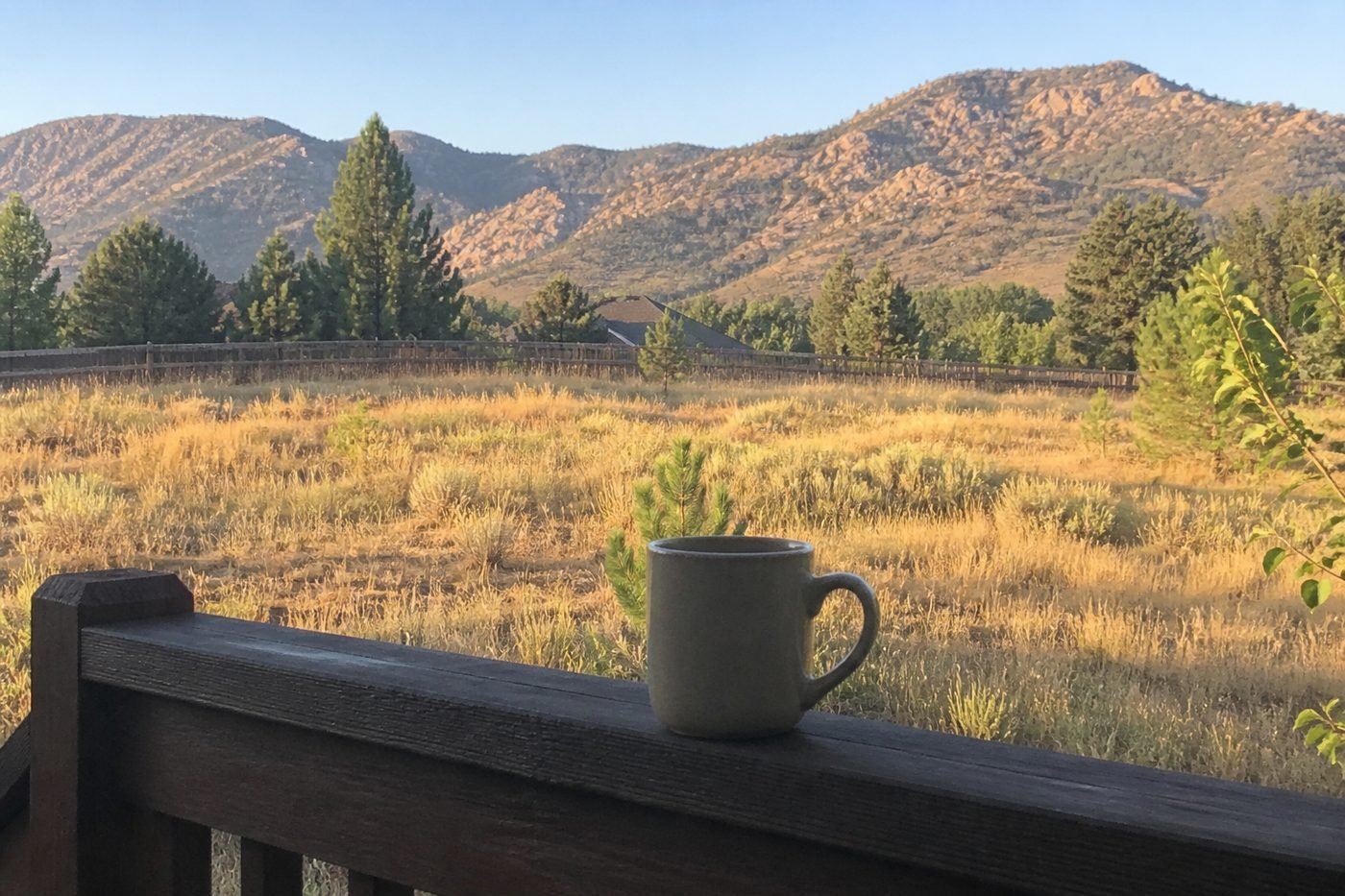 Coffee mug on a wooden deck railing facing the Front Range foothills