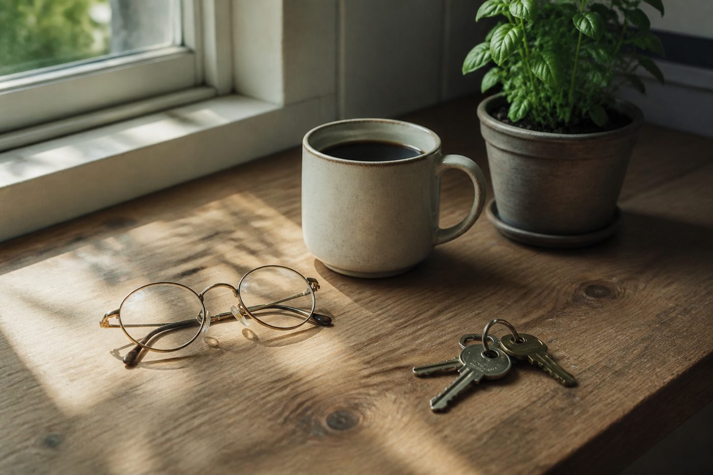Reading glasses, house keys, and a coffee mug on a kitchen counter