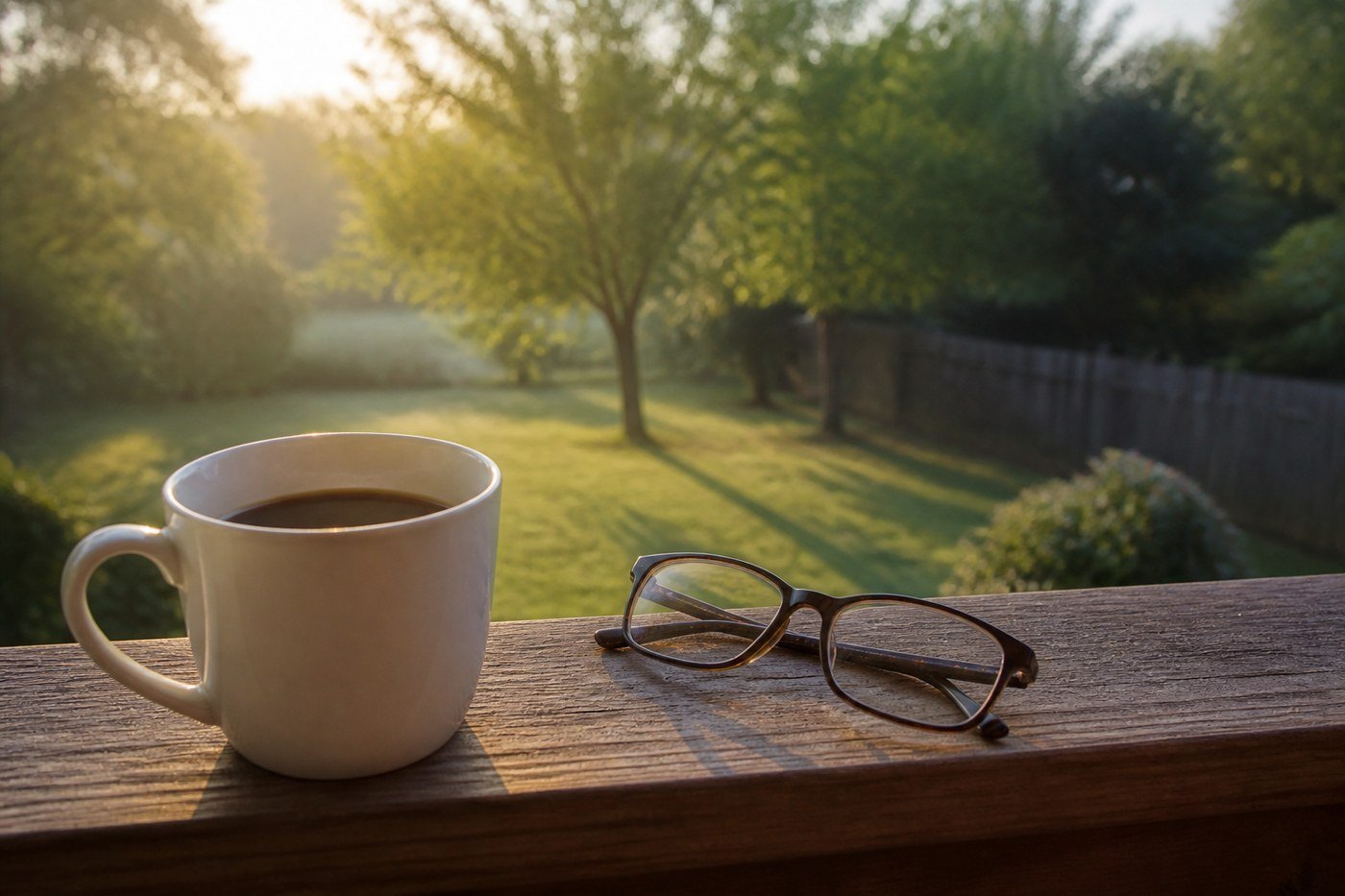 Coffee mug and glasses on a wooden porch railing