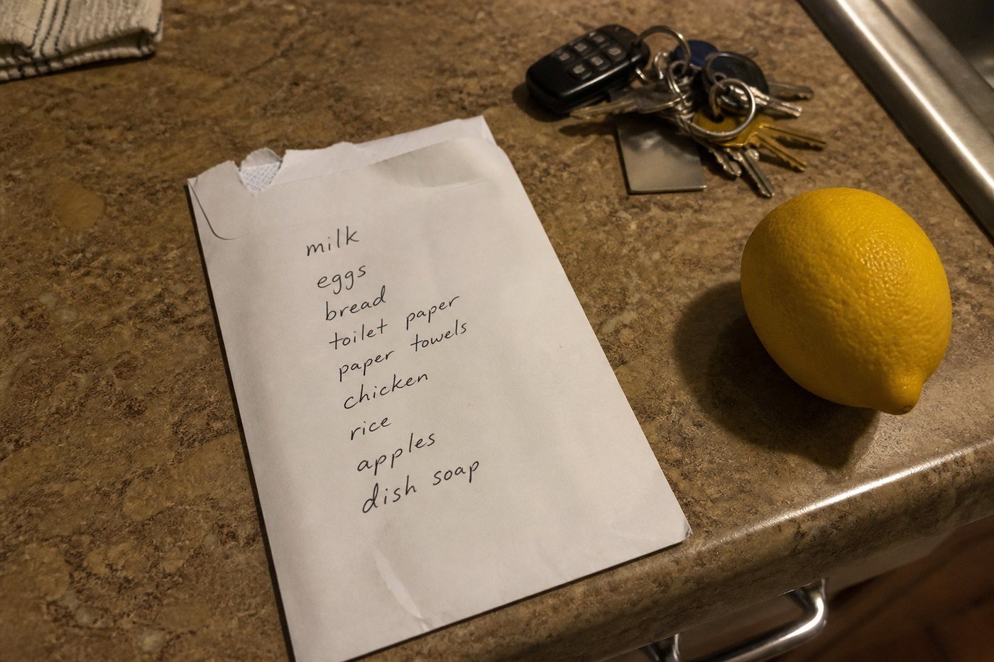 Handwritten grocery list, keys, and a lemon on the kitchen counter